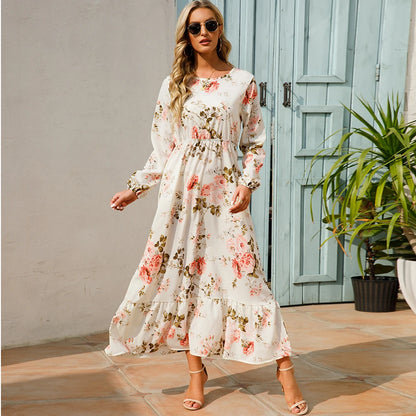 Women Maxi Dresses Sping Autumn Bohemian Casual Full Sleeve High Waist Beach Woman Chiffon Dresses Floral Vestidoes Long Dress