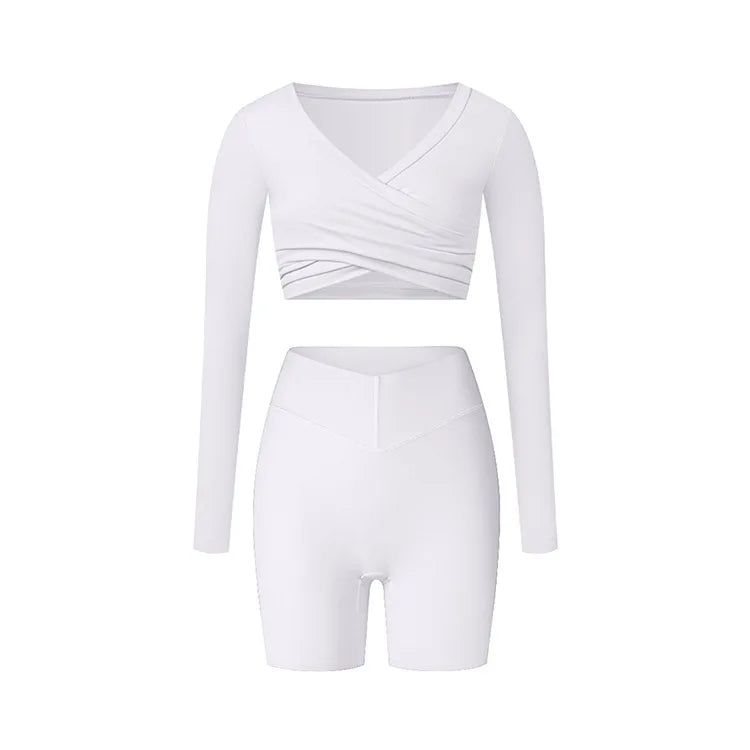 2 Pieces Wrap Front Gym Fitness Suit Women Long Sleeve Legging Workout Yoga Set Sports Bra Short Sports Clothes Tracksuit Female