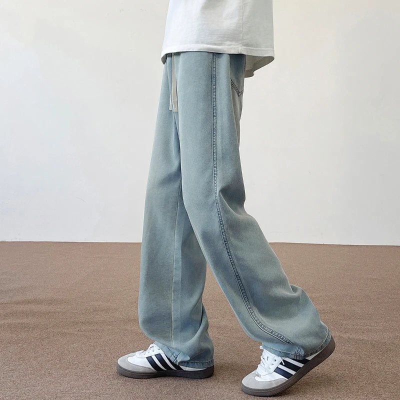 2025 New Autumn American 190 Tall Men Ice Sensation Jeans 115CM Extra Long Length Elastic Waist Thin Loose Wide-leg Clothing