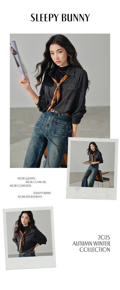 Casual Contrast Stitch Shirt Jacket Loose Long Sleeve Blouse for Women Stylish Collared Overshirt for Autumn Layered Slim Look