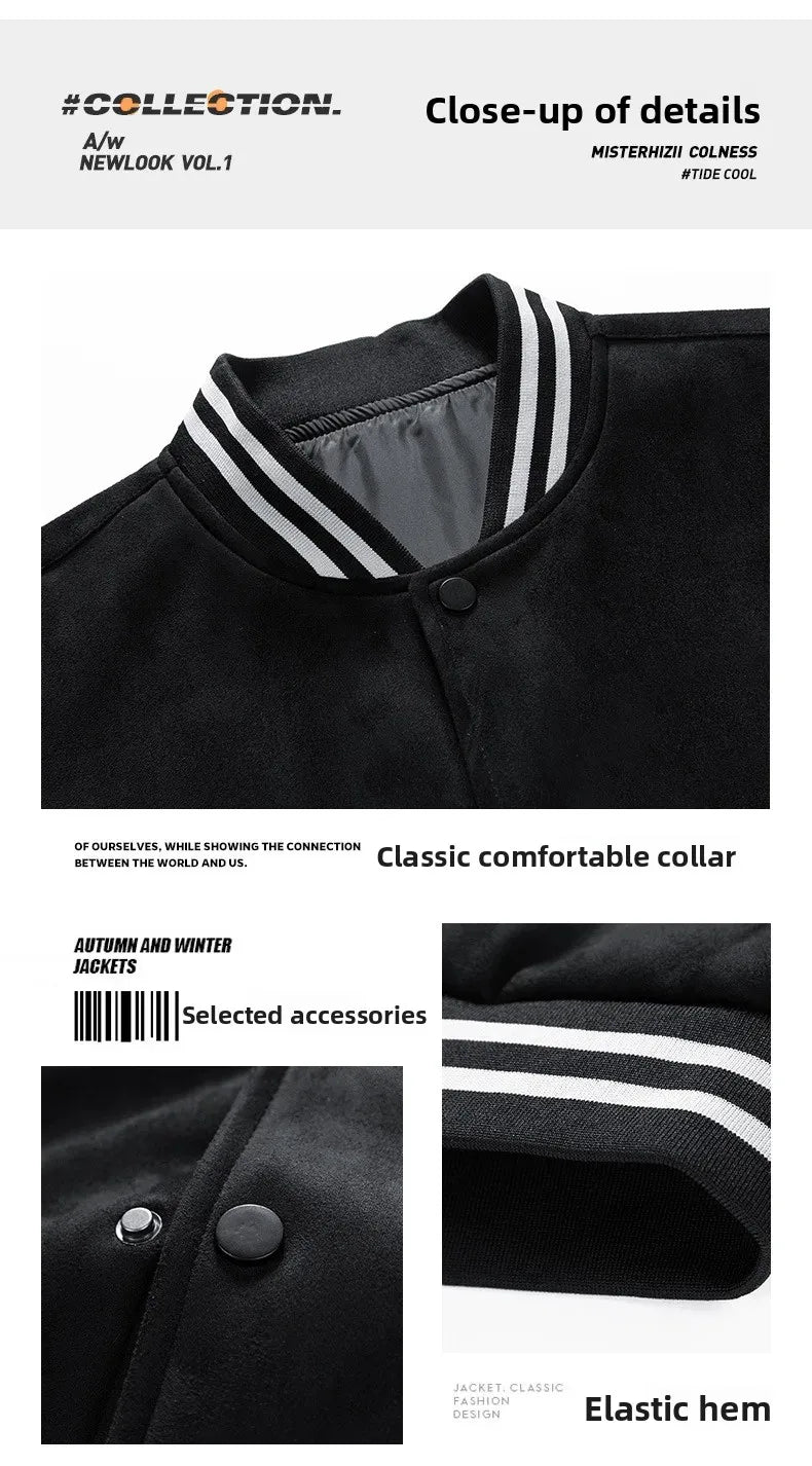 American Retro Suede Baseball Jacket Men's Spring Autumn Casual Leather Sleeve Outerwear JK819 Public Version Couple's Style