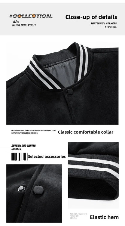 American Retro Suede Baseball Jacket Men's Spring Autumn Casual Leather Sleeve Outerwear JK819 Public Version Couple's Style