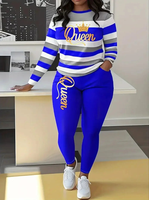 Plus Size Women's Fashion Striped Print Two-Piece Set Women's Casual Suit