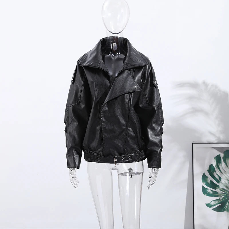 Vintage Zippers Short Leather Jackets Women's Casual Lapel Button Pockets Full Sleeve Coat 2025 Autumn New Lady Chic Streetwear