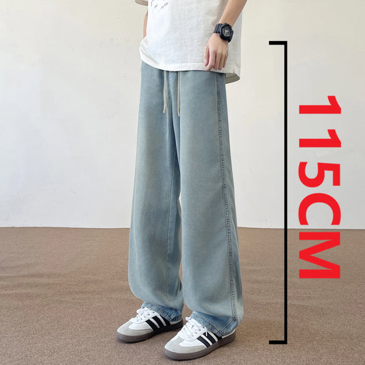 2025 New Autumn American 190 Tall Men Ice Sensation Jeans 115CM Extra Long Length Elastic Waist Thin Loose Wide-leg Clothing
