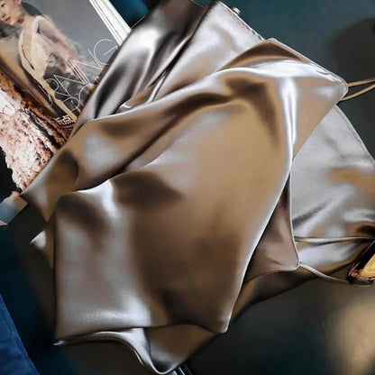 Summer dress with silk satin V-neck women's suspender skirt, wide and relaxed swing, backless lace up dance party