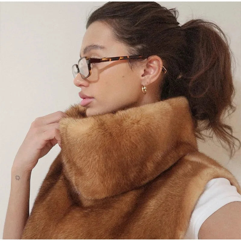 Solid Faux Fur Vest Crop Top Women Fashion Turtleneck Fluffy Short Tank Tops 2025 Winter Female Elegant Sleeveless Jacket Coat