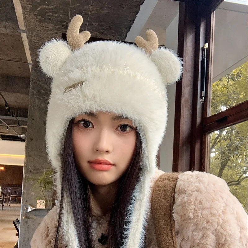 Knitted Hat Beanie Winter Warm Fleece Lined Reindeer Antlers Korean Style Cute Christmas Party Women Girls Thickened Thermal