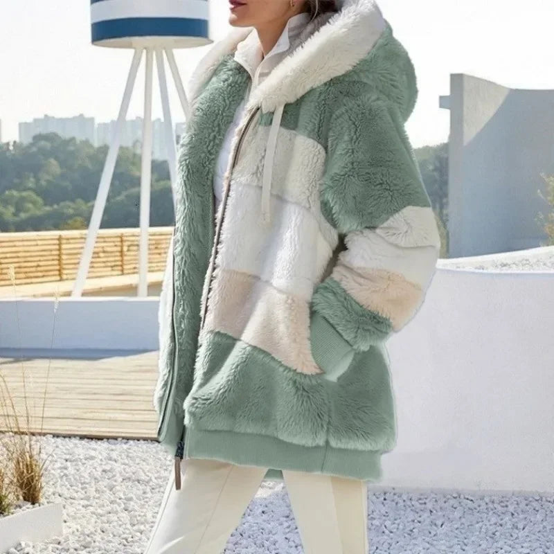 Women's Winter Fuzzy Fleece Jacket Hooded Color Block Patchwork Cardigan Coats Long Sleeve Tunic Coat Outerwear with Pockets