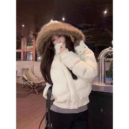 Autumn Winter Fur Hooded Jacket Women Outerwear Thick Dowon Cotton Padded Slim Short Parkas Female Cropped Puffer Bubble Coat
