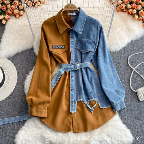 Slimming Denim Patchwork Lapel Dress Autumn Waist-fitted Medium-length Shirt