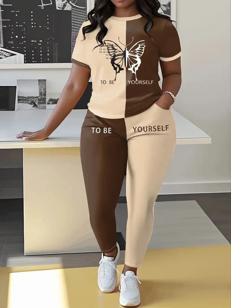 Fashion New Printed Plus Size Women's Trousers Short-Sleeved Suit