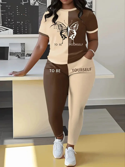 Fashion New Printed Plus Size Women's Trousers Short-Sleeved Suit