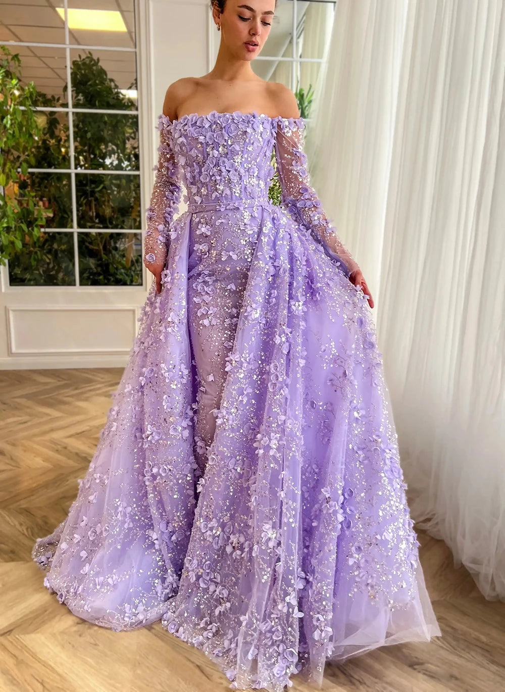 Elegant 3D Flower Evening Dress with Detachable Skirt 2025 & 2026 Luxury Mermaid Long Sleeves Formal Prom Wedding Party Gown Customized