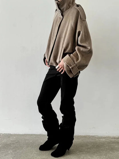 Casual Solid Loose Jackets Women Fashion Full Sleeve Single Breasted Stand Collar Short Coats Female 2025 Autumn Lady Outwears