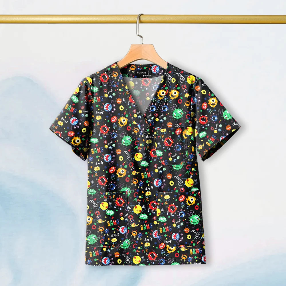 Hot Sales V-Neck Printed Scrub Tops for Women Men Nurse Uniform 100% Cotton Breathable Scrubs Uniforms Medical Blouses Wholesale