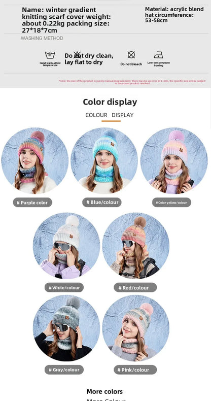 Winter Lady Warm Hat Scarf Two-piece Set Fleece Thickened Gradual Change Color Knitted Skiing Hat Fashion Pullover Hat for Women