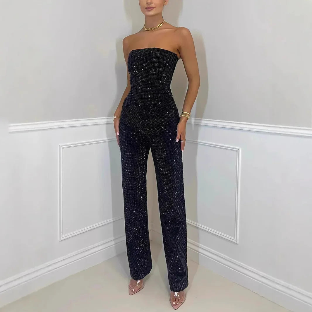 Denim Pant Set Women Two Piece Sets Sexy Strapless Sleeveless Tops Long Pants High Waist Y2k Streetwear Elegant Work 2025/2026