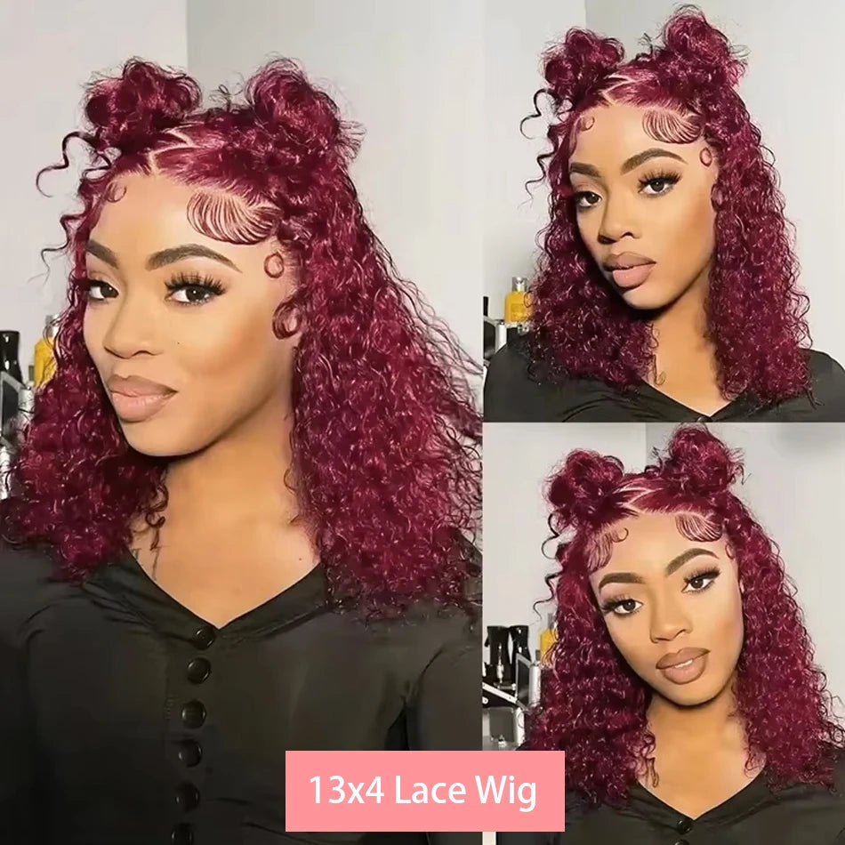 99J Colored Curly Deep Water Wave 13x4 Lace Front Wigs Preplucked Burgundy Red Short Cut Bob Frontal Wig 100% Human Hair 14 Inch