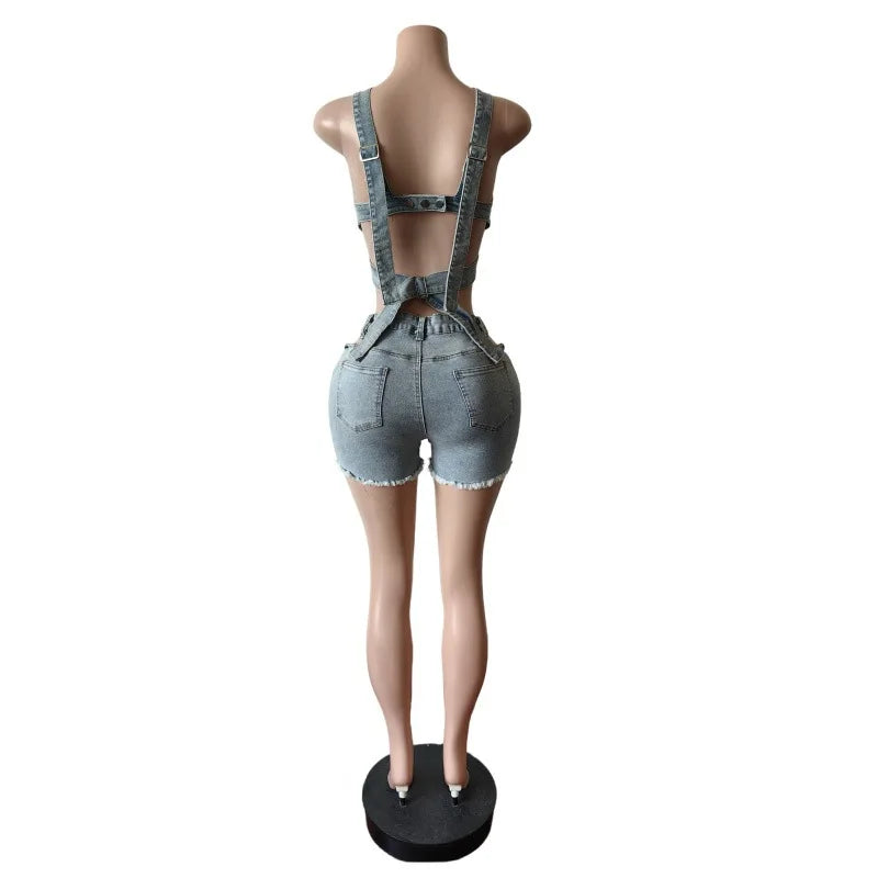 2 Piece Sets Women Denim Shorts Suit Sexy Vest Top Strap Backless Jeans Short Pants Pockets Outfits 2025/2026 Streetwear Ensemble