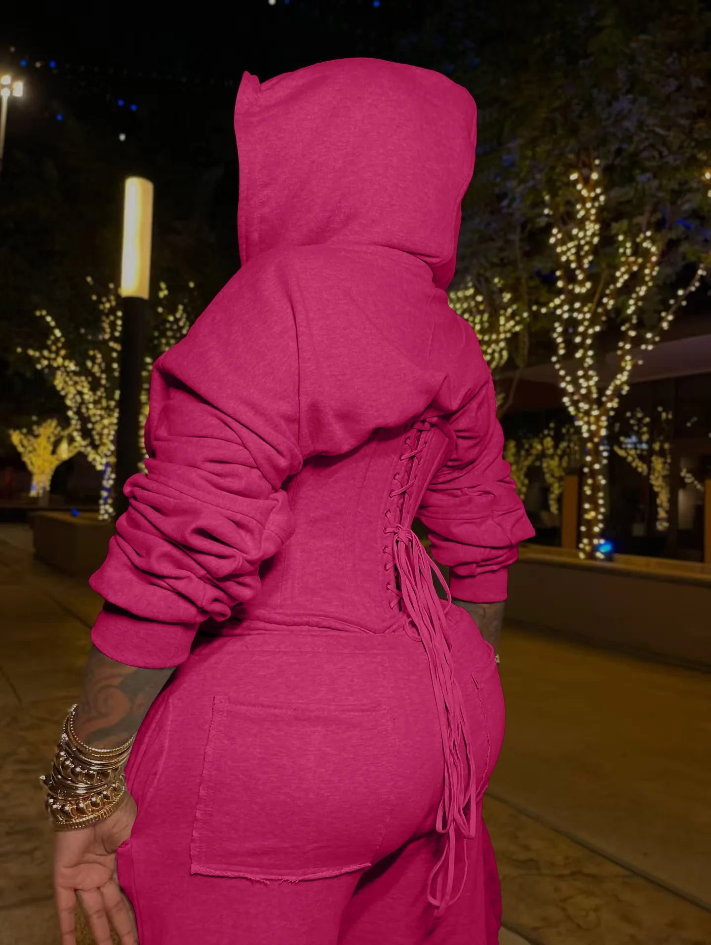 FAGADOER Casual 2 Pieces Set for Woman Outfits Solid Color Bandage Patchwork Hooded Crop Top and Pants Suit Female Streetwear