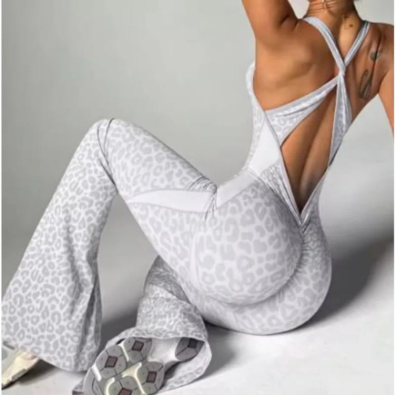 New Leopard Print Bodysuit Women Seamless Flared Pants Jumpsuits Sexy One-piece Fitness Suit Cross Back Stretchy Yoga Jumpsuits