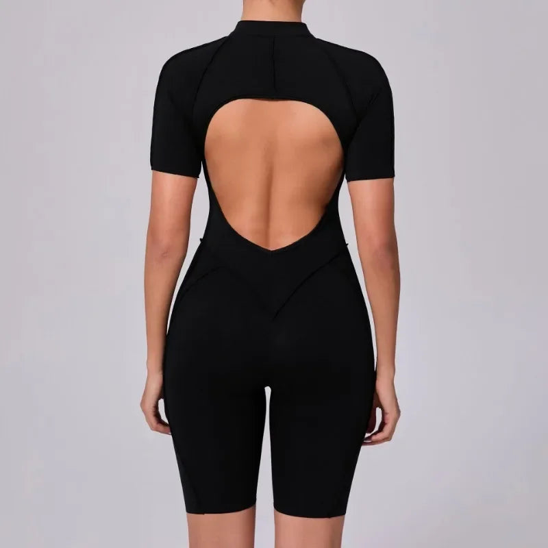 Seamless Yoga Jumpsuits Sports Fitness Zipper Hip-lifting Short-sleeved Backless Dance Workout Gym Shorts Bodysuits for Women
