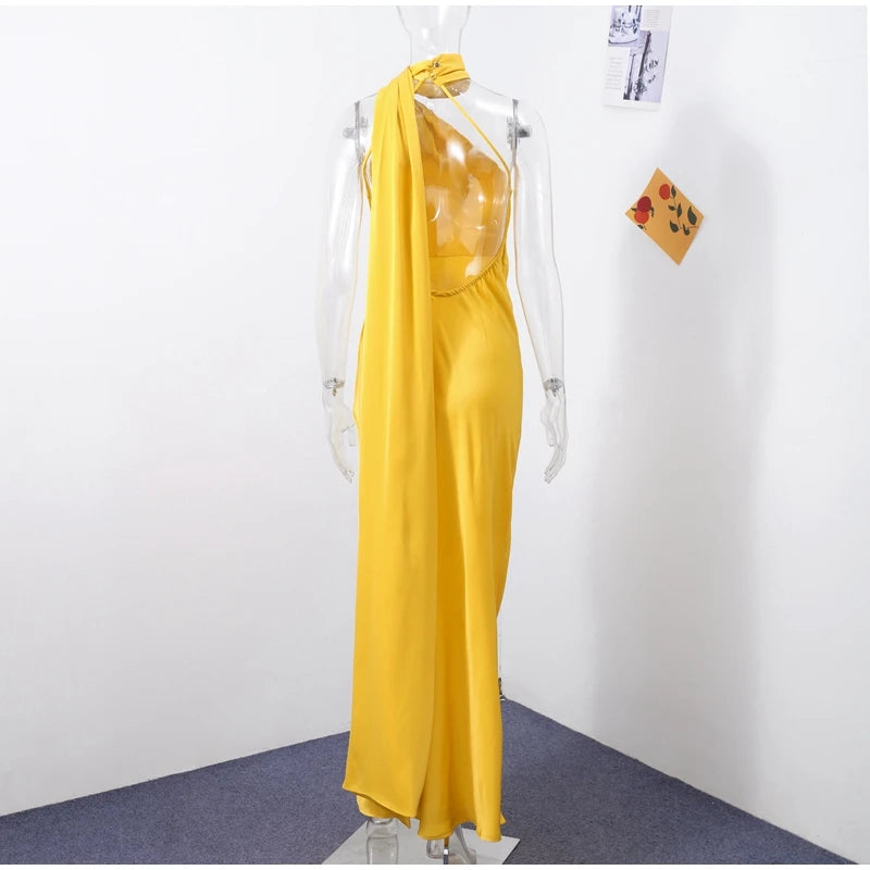 Elegant Ribbon Halter Dress Women Solid Off Shoulder Sleeveless Backless Slim Maxi Dresses 2026 Summer Autumn Party Robes Lady