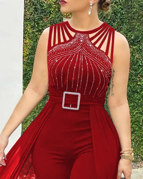 Women Jumpsuit 2026 Summer Simple Sleeveless Round Neck Rhinestone Fashion Sexy Sheer Mesh Daily Casual Commuting Jumpsuit