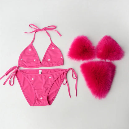 Summer Women Fake Fox Fur Sexy Halter Solid Color Bikini Set Swimsuits Triangle Sexy Bikini Set Faux Fur Swimsuit Plush Swimwear