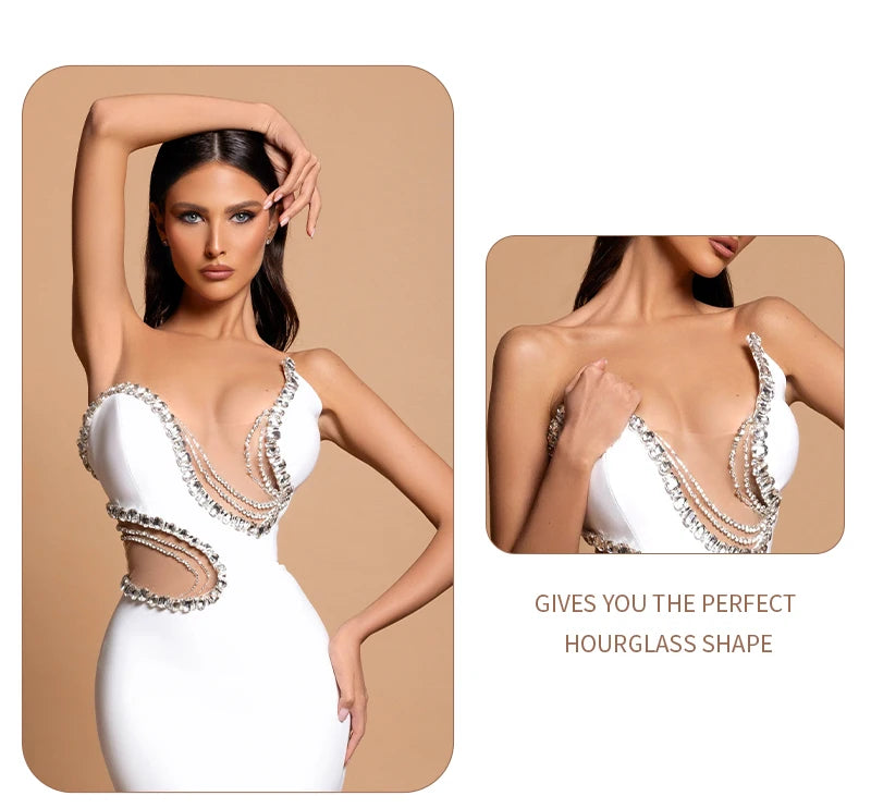 Women Mermaid Sexy White Sleeveless Bandage Long Dress Mesh Backless Strapless Diamonds Bodycon Party Evening Wedding Gowns