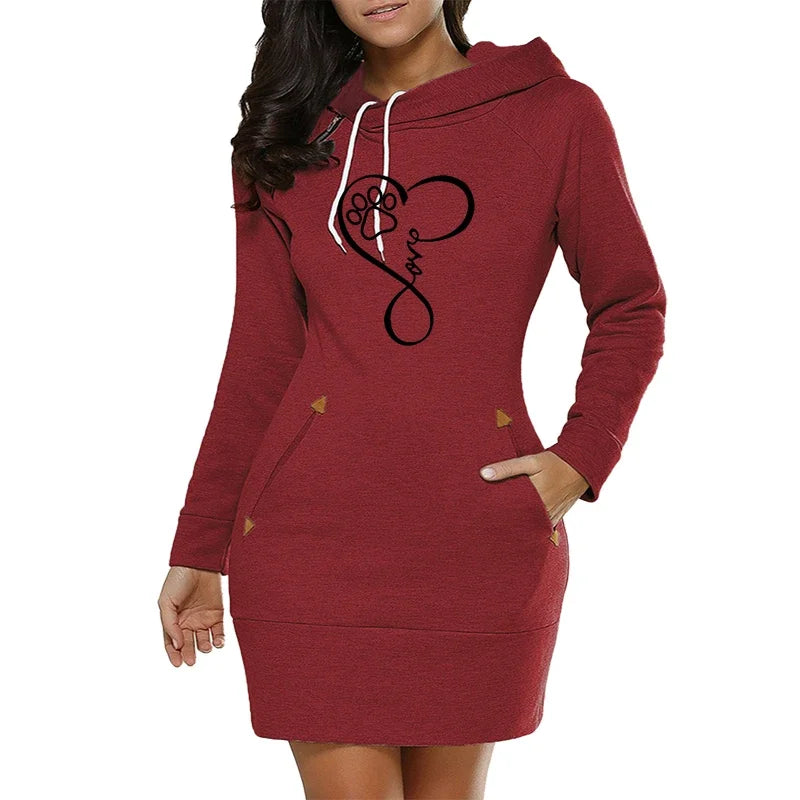 Womens Dress Neck Side Zipper Long Sleeve Hooded Sports Skirt Casual Printing Knee-Length Dress European Style Streetwear S-3XL