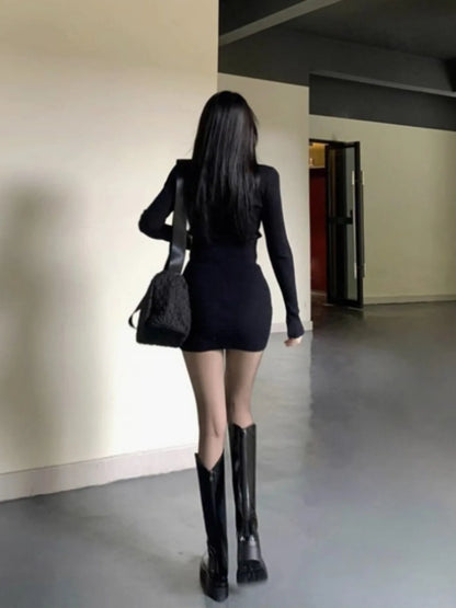 2025 Minimalist Black Ribbed Knit Dress, Half - Zip Long - Sleeve Bodycon Dress, Women's Daily Elegant Wear
