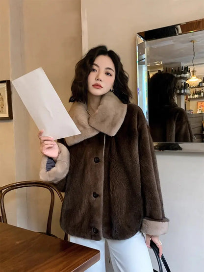 2025 New Coffee Colored Faux Mink Fur Spliced Lapel Fur Coat for Women Young and Loose