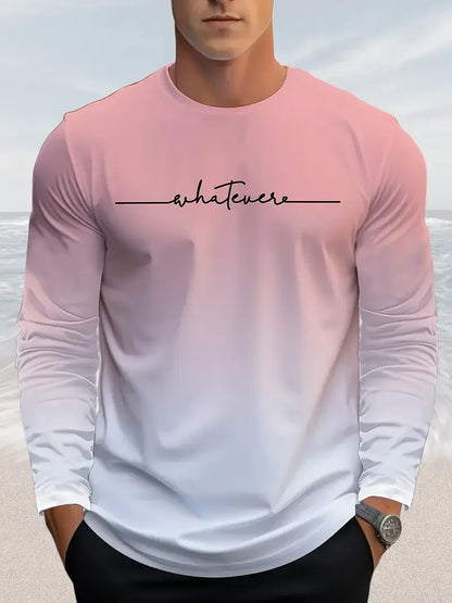 Funny Gradient Letter Print Men's Long Sleeve T-shirt Business Casual Fall Comfortable Pullover Fashion Cotton Loose O-neck Tops