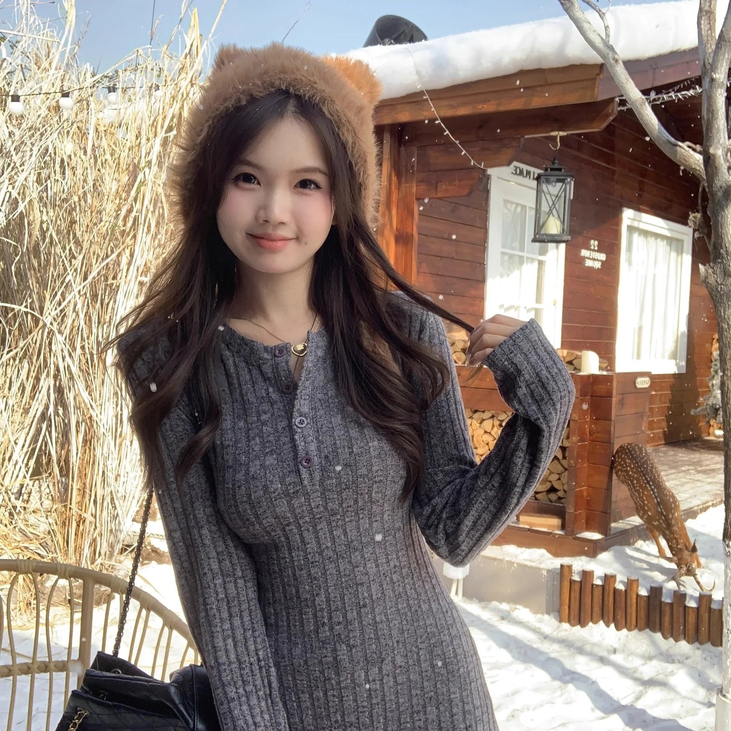 French Style Long Sleeve Knitted Dress Vintage Waist Cinching A- Line Skirt Women Autumn Winter New Arrival Slimming Inner Wear