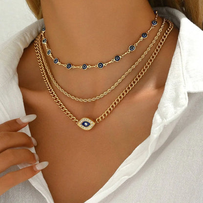 Boho Lucky Multi-layers Crystal Evil Eye Pendant Necklace For Women Geometric Round Charm Clavicle Chain Beach Jewelry