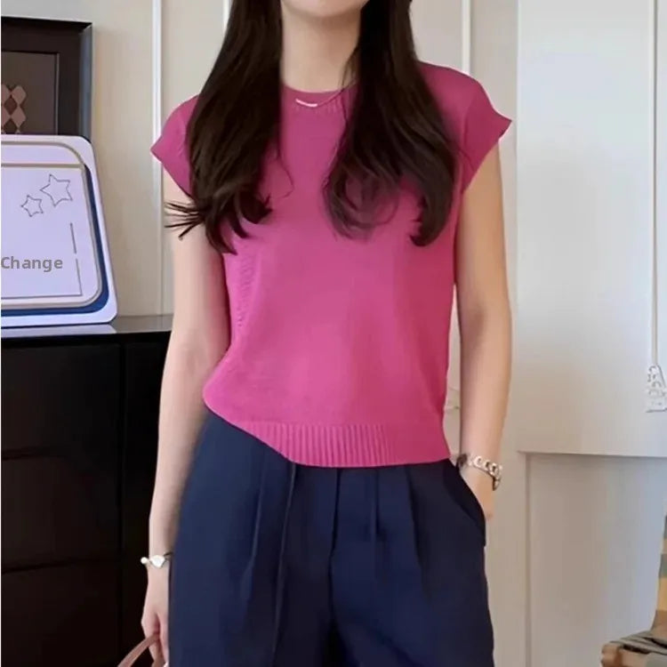 Korean Style Ice Silk Knitted Short Sleeve T-Shirt Women Summer Slim Fit Short Fashionable Top Crew Neck Solid Color