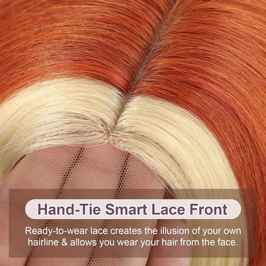 26" Long Blonde to Orange Gradient Highlight Wig Skunk Stripe Synthetic Lace Front Voluminous Body Wave Hair for Women