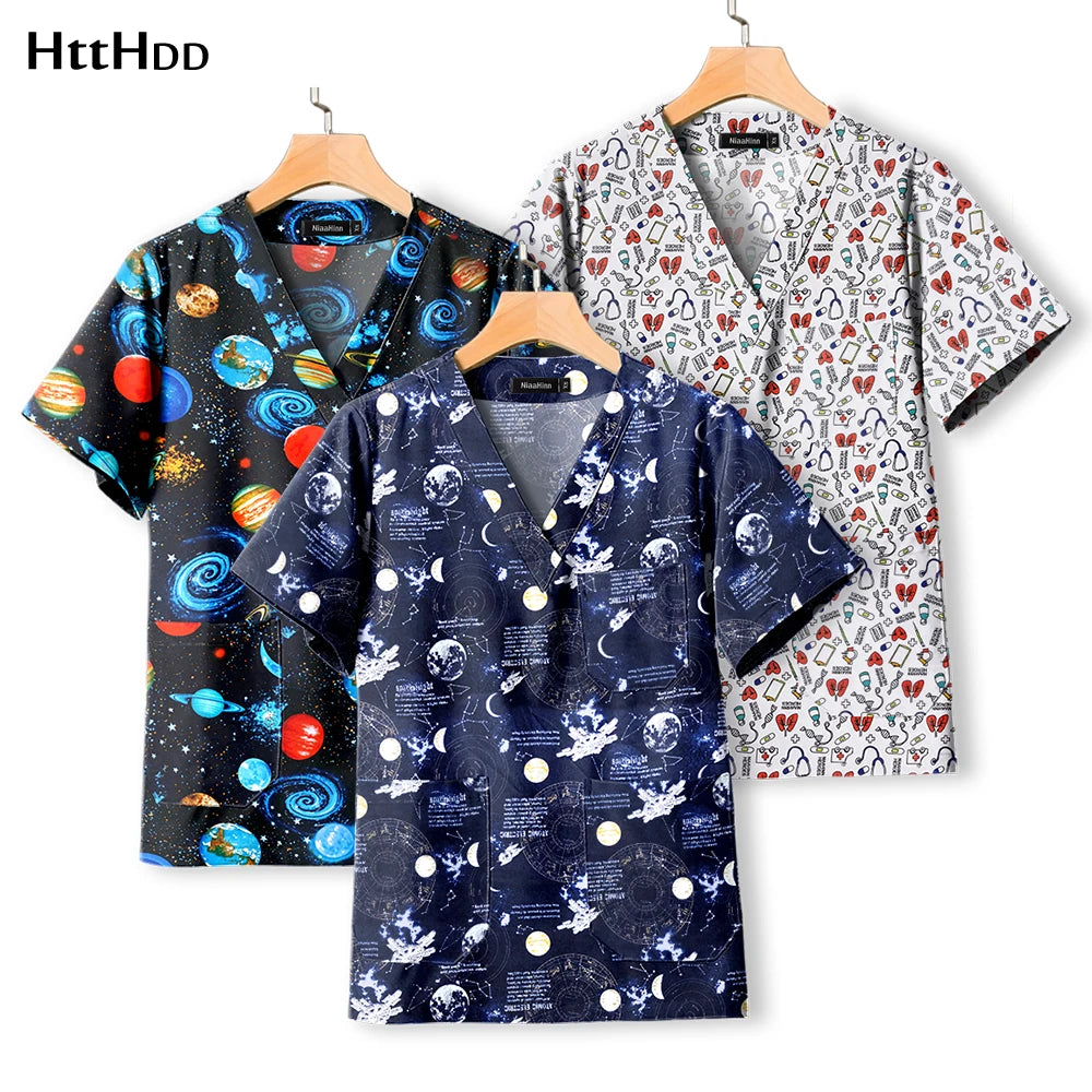 Hot Sales V-Neck Printed Scrub Tops for Women Men Nurse Uniform 100% Cotton Breathable Scrubs Uniforms Medical Blouses Wholesale