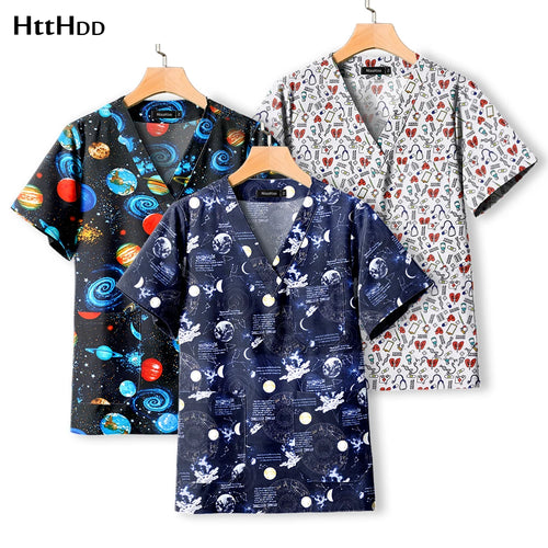 Hot Sales V-Neck Printed Scrub Tops for Women Men Nurse Uniform 100% Cotton Breathable Scrubs Uniforms Medical Blouses Wholesale