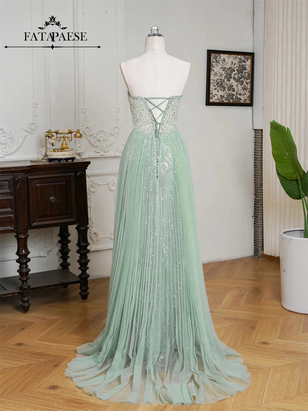 FATAPAESE Glamour Sequin Pearls Luxury Evening Dresses Sexy Tulle Train Party Dress for Wedding Charity Prom Award Ceremony