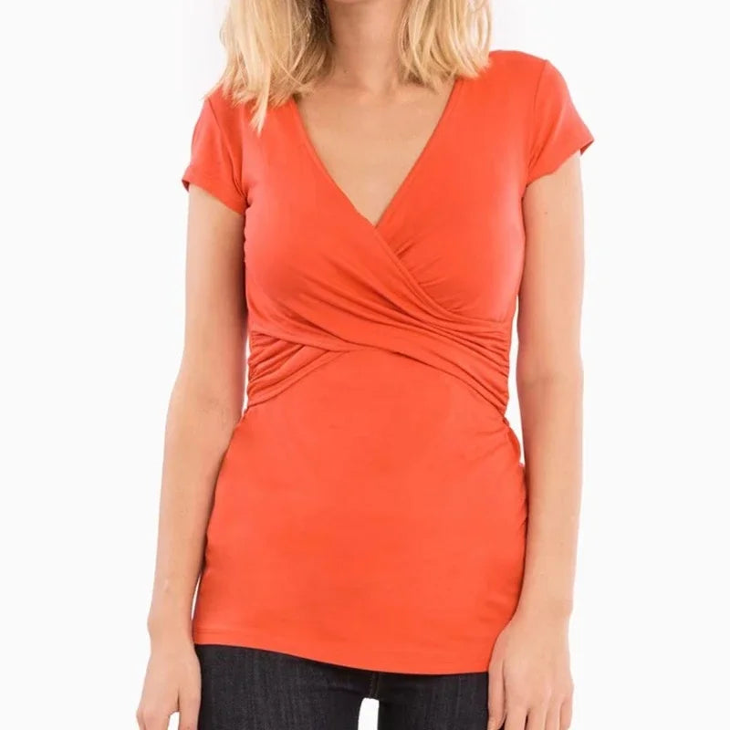 V-Neck Pregnant Women's Casual Short Sleeve Breastfeeding Top Maternity Women Postnatal Cotton Nursing T-shirt
