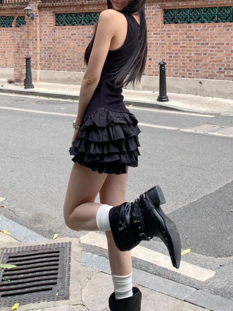 Sexy U-Neck Sleeveless Mini Dresses Fashion Women Summer New White Solid Y2K Ruffle Pleated Cake Bodycon Casual Party Vestidos