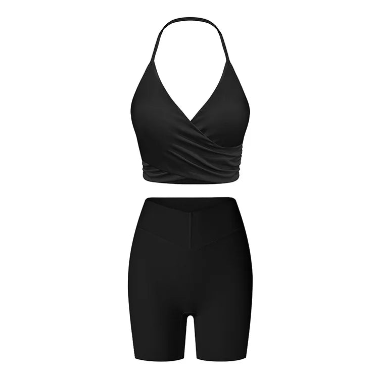 2 Pieces Wrap Front Gym Fitness Suit Women Long Sleeve Legging Workout Yoga Set Sports Bra Short Sports Clothes Tracksuit Female