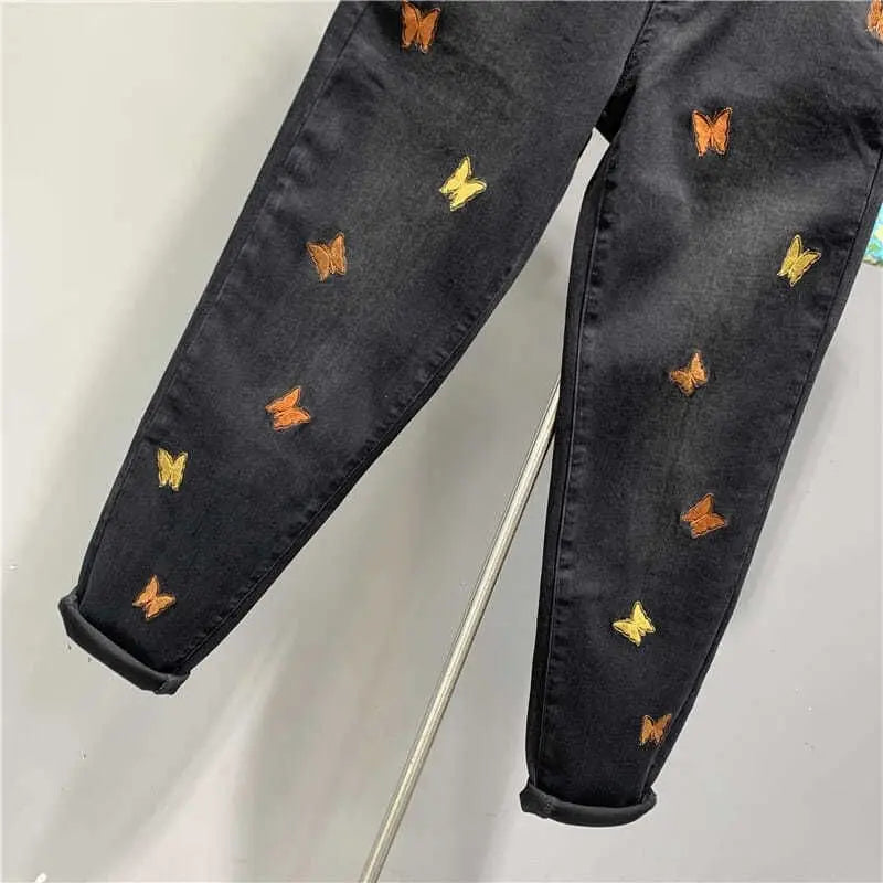 Korean Autumn 2025 New Butterfly Embroidered Denim Radish Loose High Waist Elastic Large Size Cargo Ladies Harlan Pants Women