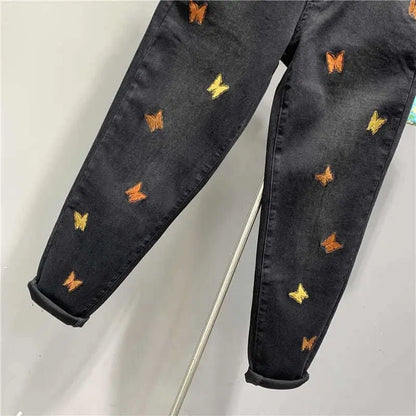 Korean Autumn 2025 New Butterfly Embroidered Denim Radish Loose High Waist Elastic Large Size Cargo Ladies Harlan Pants Women