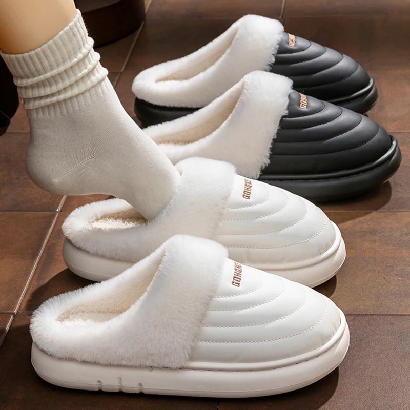 Plus Size 48-49 Waterproof Women's Home Slippers Flat Heel Non Slip Cotton Slippers Woman Faux Fur Warm Living Room Shoes Female