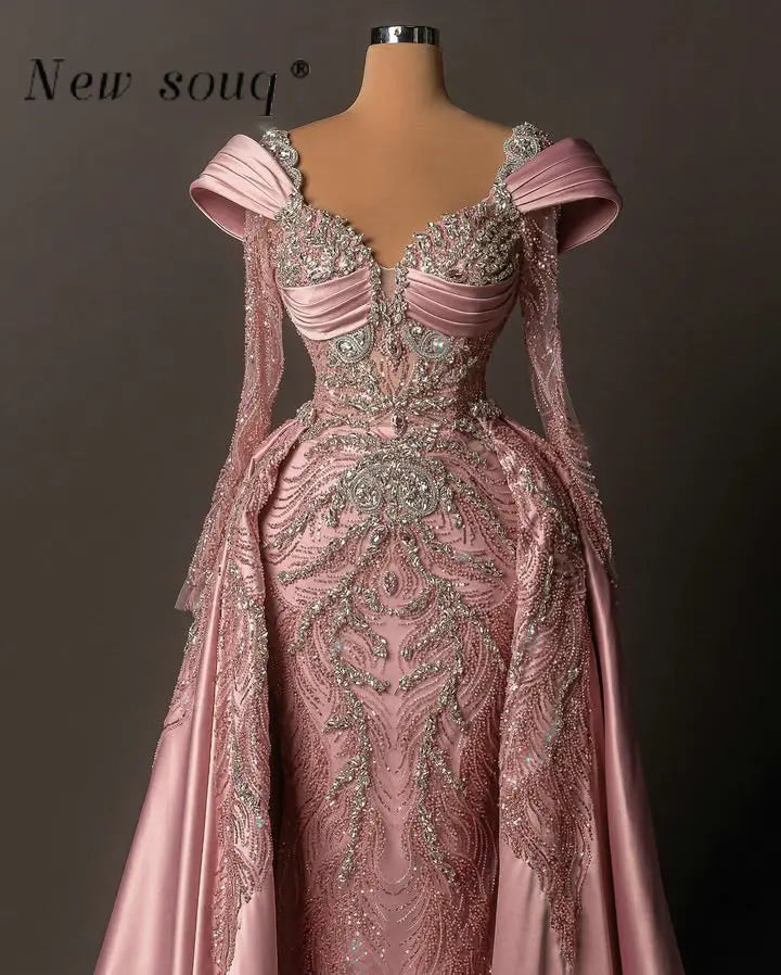Elegant Pastel Pink Evening Party Dresses with Detachable Train Customized Crystals Long Sleeves Formal Wedding Guest Wear Gowns