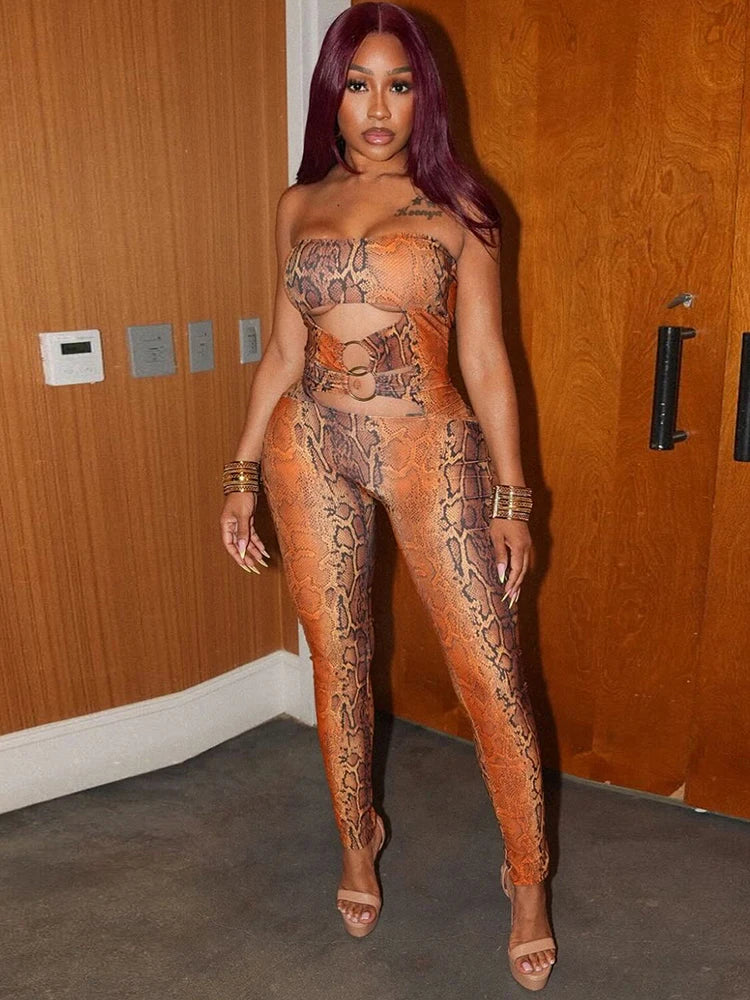 Nibber Hollow Snake Print Jumpsuits Women Y2K Strapless Metal Cirque Midnight Workout Activity Hipster Sexy Stretch Overalls